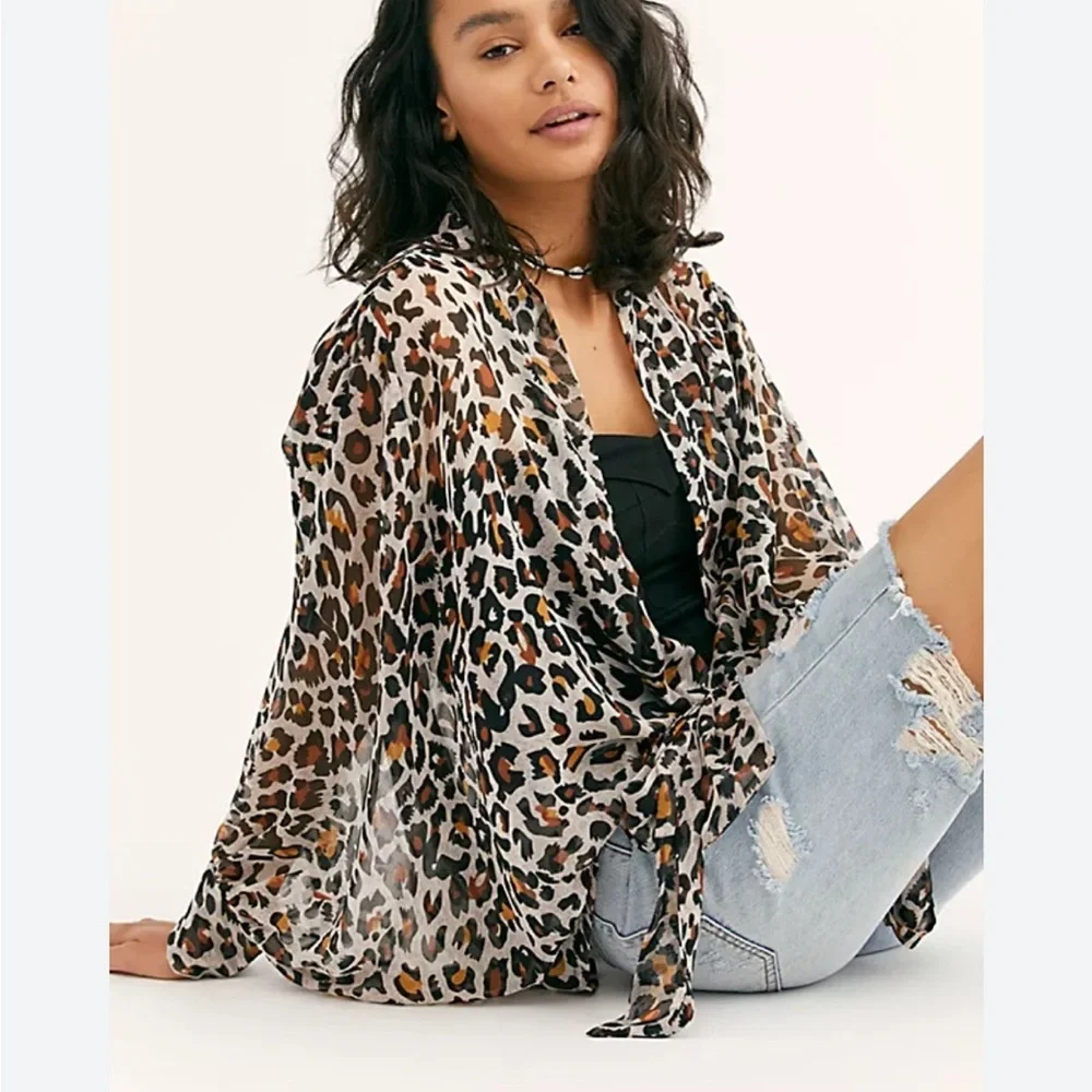 Free People Animal Print Oversized Tie Front Kimono Blouse